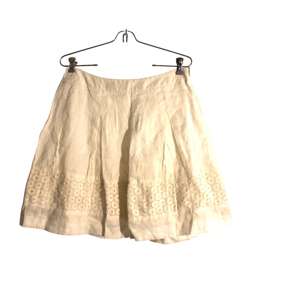 LOFT 100% Linen White A-Line Pleated Skirt w/ Applied Lace Panel sz 4